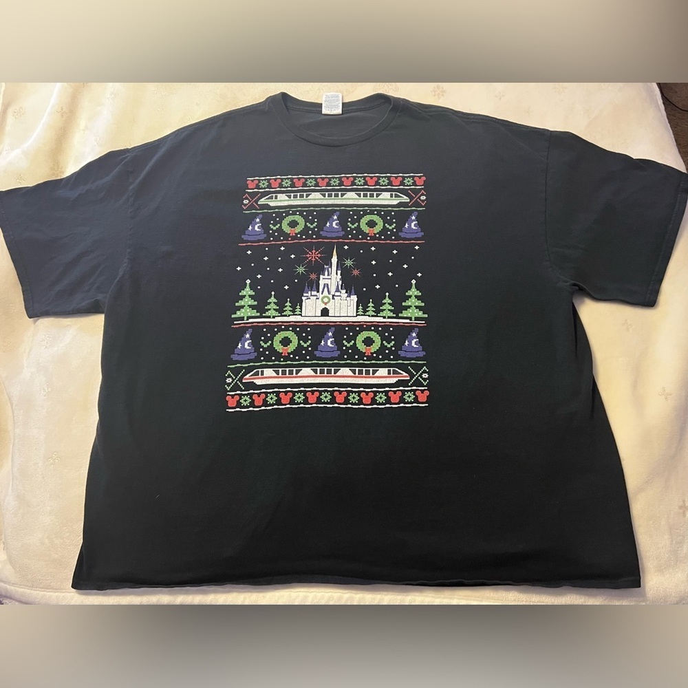 Disney Ugly Sweater Christmas Black Graphic T-Shirt w/Castle Design Men’s 4XL